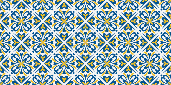 Mediterranean tile pattern with blue ceramic ornament and floral mosaic design. Seamless Portuguese geometric motif for floors, walls and decorative backgrounds. Vector illustration