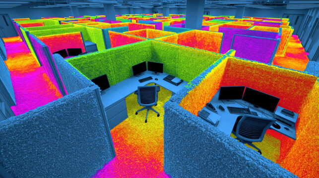 Neon Thermal Heat Map Exposes Corporate Cubicle Farm as Predator Hunting Ground