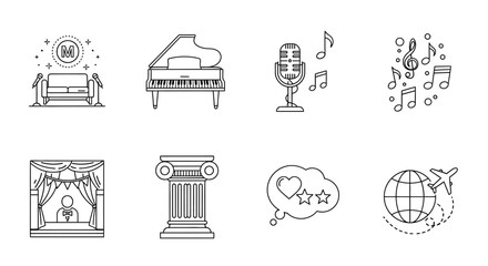 Creative icons set, music and art symbols, line style graphics, educational elements © Chrome