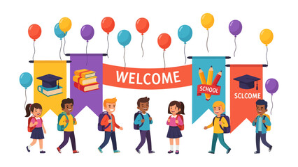 Welcome Back to School: Diverse children with backpacks and smiles arrive at school, greeted by banners, balloons, and symbols of learning, heralding the start of a new academic year. © Mohammad