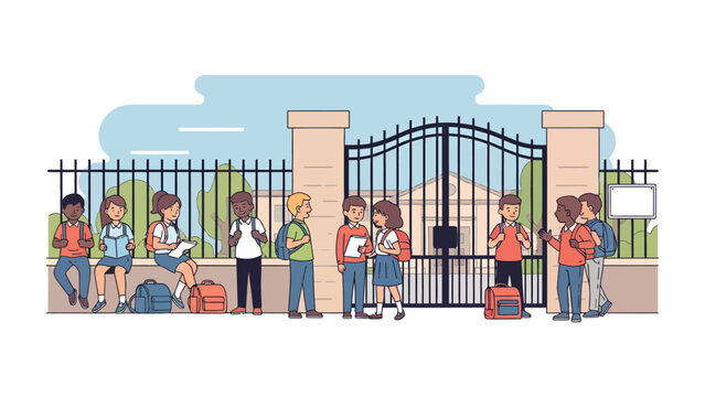 Schoolyard Gathering: Diverse group of children stand and sit outside a large school gate, with backpacks scattered around them, holding books and talking together.