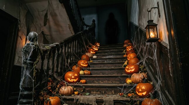 Haunted stairway with carved pumpkins and lantern on wall in spooky house. Halloween concept.