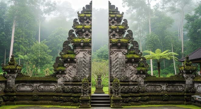 Ancient stone carvings on a majestic Bali temple gate stand amidst a misty tropical forest, providing a serene and atmospheric view of traditional Indonesian architecture in a cinematic landscape.