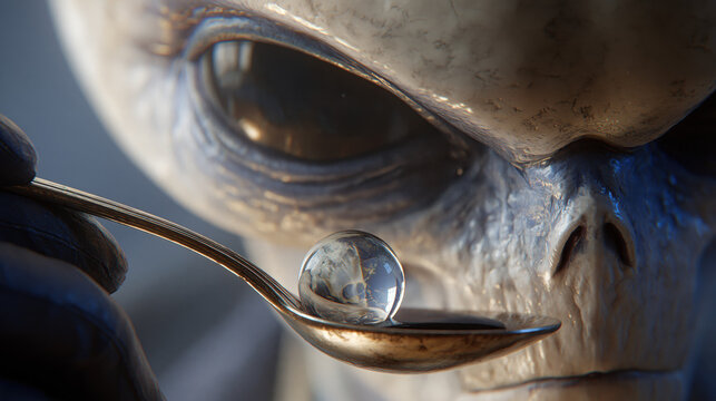 Alien Bureaucrat Close-Up Portrait Holding Reflective Spoon With Miniature World Inside