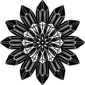 Black and white geometric mandala with crystal-like petals on white background Keywords: mandala