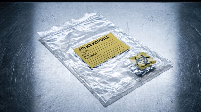 Plastic evidence bag with yellow label, biohazard symbol sticker on clear polyethylene material, empty police storage pouch for criminal investigation, metal table surface under bright overhead light.