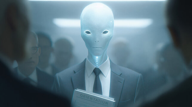 Luminous Alien Misfit in Business Suit Endures Corporate Onboarding Isolation Scene
