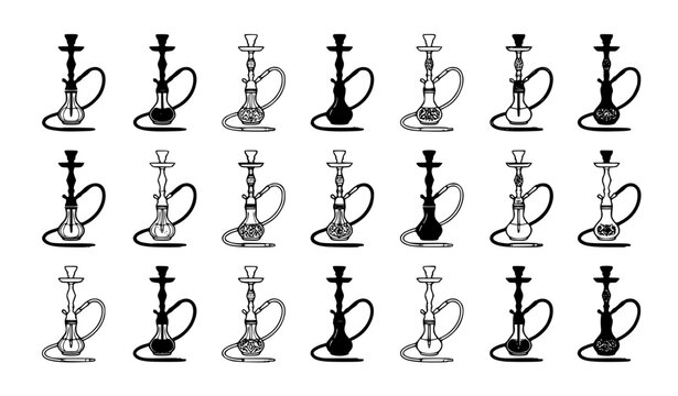 Shisha Hookah Icon Set with Multiple Variations in Silhouette and Line Art Style for Lounge Branding, Middle Eastern Culture Menus, and Smoking Accessories