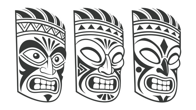 Vector illustration of three stylized tribal tiki masks with traditional polynesian patterns, polynesian