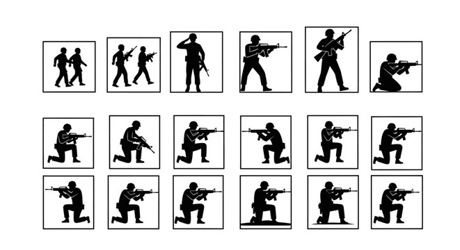 Silhouette Soldiers with Rifles: Military Action Poses Collection