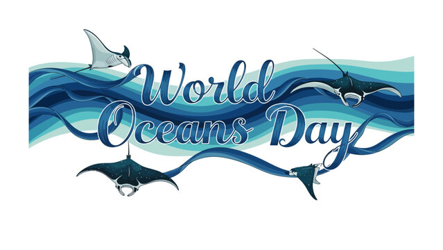 World Oceans Day Celebration: A vibrant graphic illustration for World Oceans Day features majestic manta rays gracefully swimming through flowing blue waves.