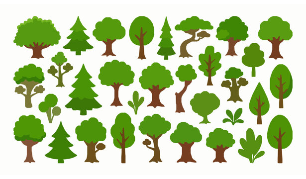Green cartoon tree vector pack with playful forest trees for kids and animation
