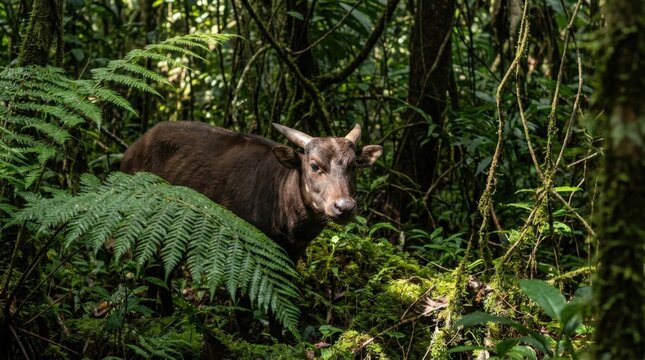 A rare anoa dwarf buffalo standing cautiously within a lush tropical rainforest, captured in high resolution cinematic widescreen photography showcasing the elusive nature of this unique wild animal.