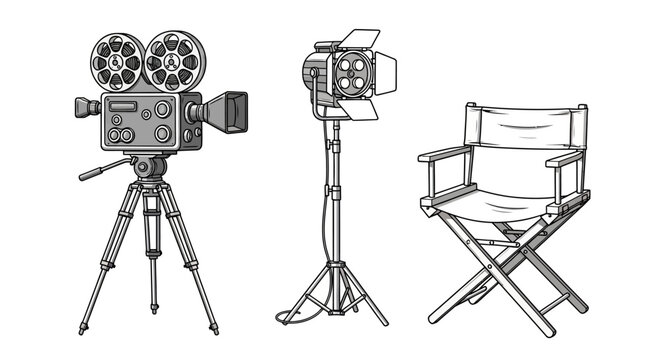 Film cameras, lighting, and director chair icons, vector graphics, film production elements, cinematic tools