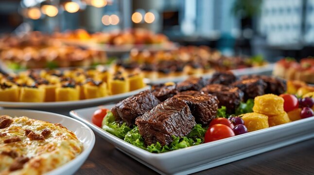 Buffet catering spread with gourmet grilled meat skewers and fresh food appetizers