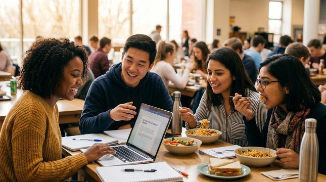 Young Students Collaborating Together in Modern College Canteen