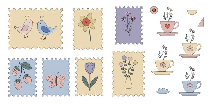 Set of cute vintage postage stamps featuring flowers birds and tea cups