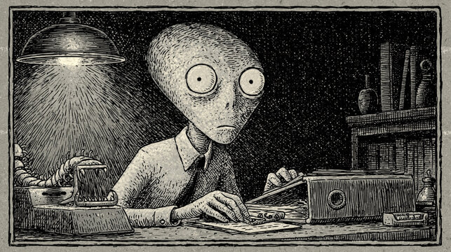 Wide-Eyed Alien Figure Writing by Lamplight in Grayscale Etching Illustration Art