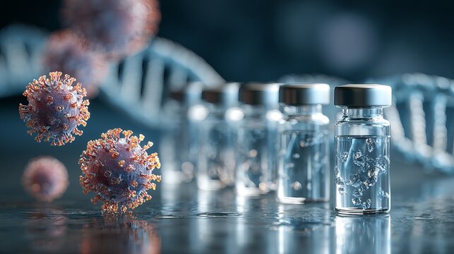 Virus Particles And Vaccine Vials For Medical Research And Healthcare Concepts