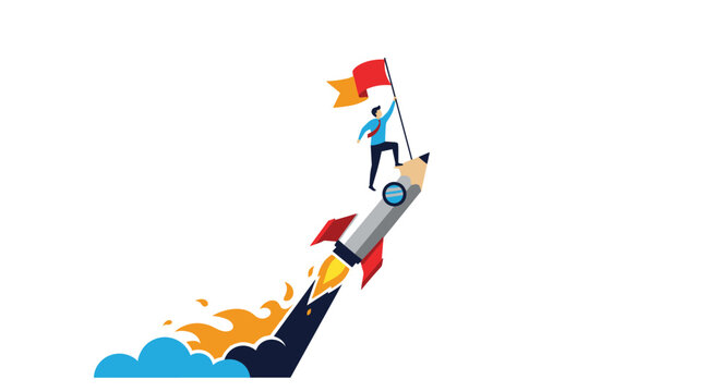 Ambitious businessman standing on a rocket made of a pencil while holding a flag to symbolize innovation and rapid career growth.