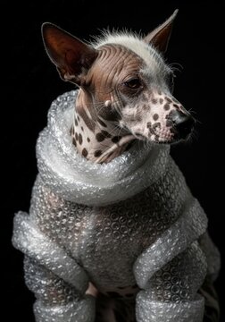 A vulnerable, hairless Xoloitzcuintli dog is wrapped in bubble wrap.
