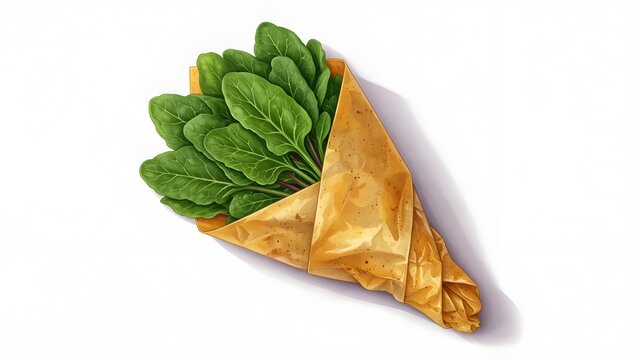 Fresh green spinach leaves wrapped in brown craft paper, organic baby spinach bouquet on white background, healthy raw vegetable greens