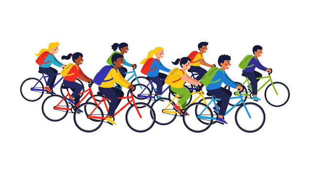 Kids on Bikes, School Outing: A vibrant illustration depicts a diverse group of children joyfully riding bicycles, their backpacks indicating a school trip or commute.