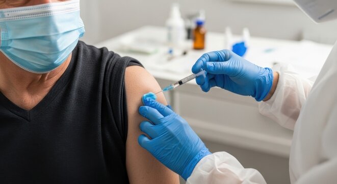 Senior man receiving a vaccination injection from a medical professional wearing protective gloves and mask.