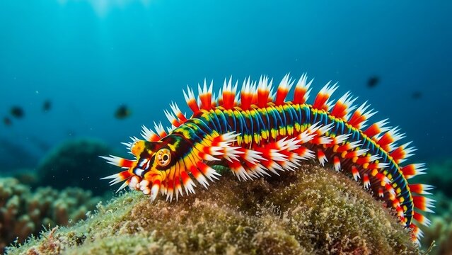 Vibrant Bristle Worm Underwater Macro Shot.
