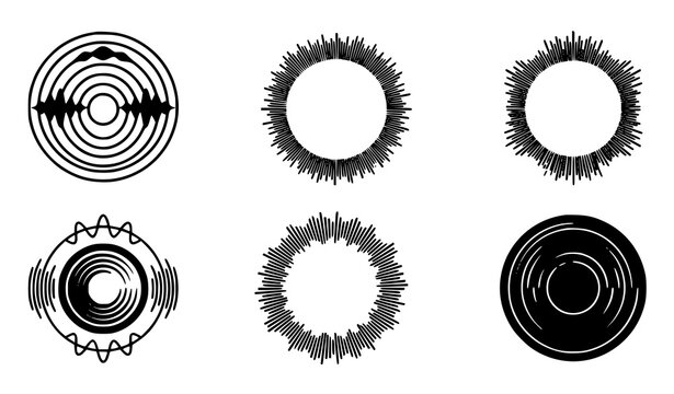 Six black and white circular waveform illustrations on white background