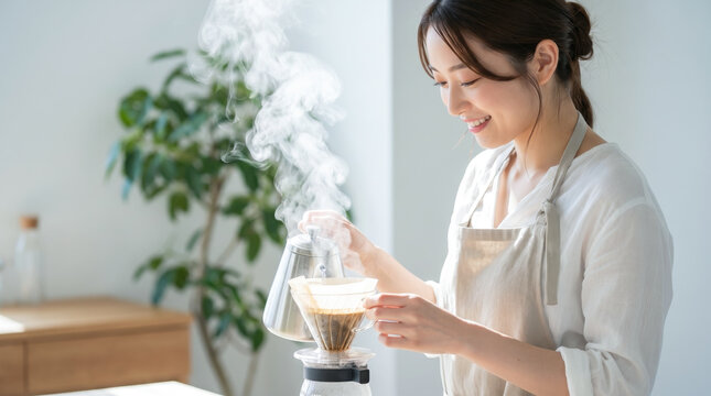 ハンドドリップでコーヒーを淹れる笑顔の日本人女性 キッチンでお湯を注ぐドリップケトル