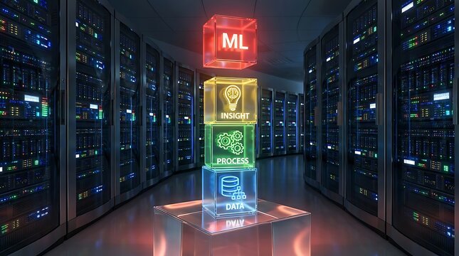Glowing digital cubes stacked in a server room symbolize machine learning data processing and advanced technological insight generation.