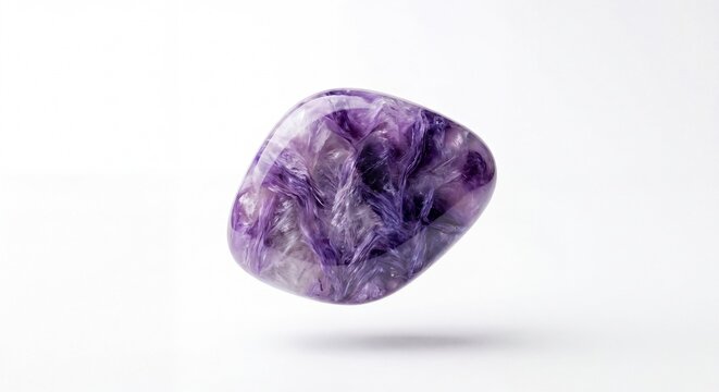 A single polished Charoite gemstone with swirling violet patterns isolated on a clean white.