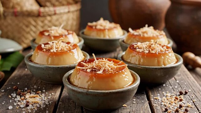 Delicious caramel flan desserts topped with toasted coconut served in small ceramic bowls on a rustic wooden table
