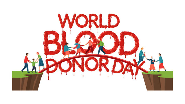 World Blood Donor Day Celebration: People from all walks of life come together, bridging a gap with a symbol of blood and unity, celebrating World Blood Donor Day.