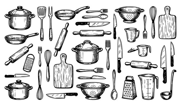 Vintage kitchen utensils sketch collection hand drawn culinary tools