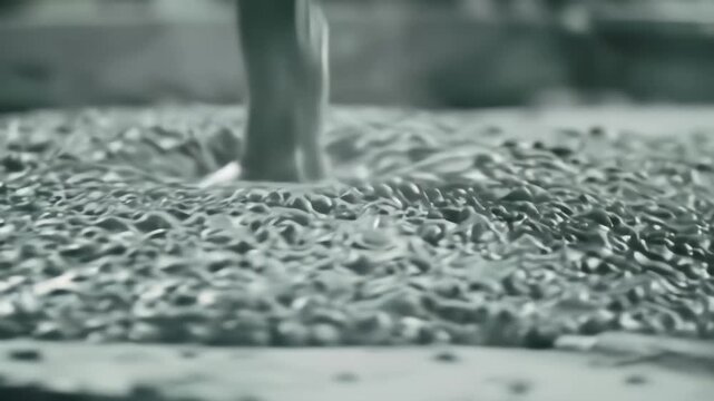Close-up of wet concrete pouring into a formwork, showing viscous gray cement slurry and coarse aggregate stones settling during construction.