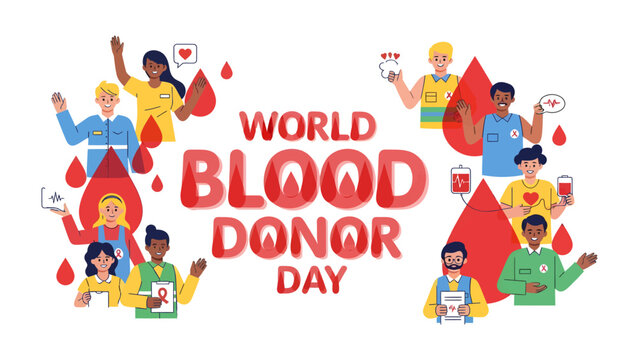 World Blood Donor Day: Celebrate the selfless act of donating blood with this vibrant illustration depicting diverse donors and the iconic symbol of a blood drop, promoting health and life saving.