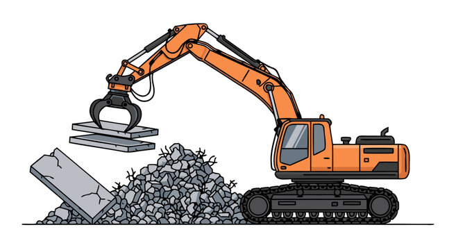 Orange excavator with a gripper attachment deconstructing concrete, vector illustration of a construction machine at a demolition site