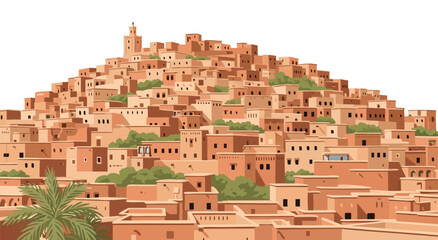 Moroccan Kasbah village vector illustration depicting traditional architecture, ancient city, and desert landscape, perfect for travel and cultural themes © Purnomo