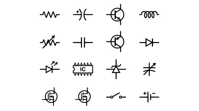 Circuit schematic icons set with resistors, capacitors, diodes, logic gates, transistors, and connectors for electronics diagrams