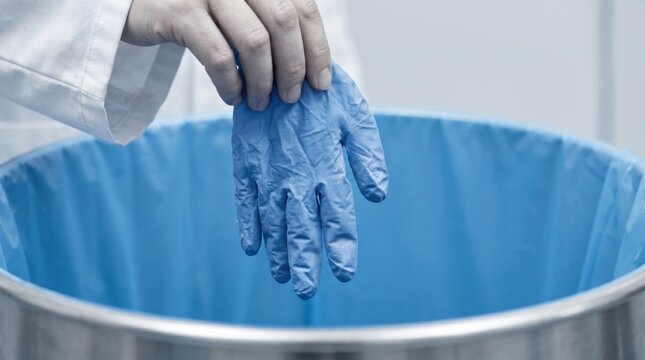 Doctor holding used blue glove over clinical waste bin with liner, medical worker removing disposable glove after procedure, hygiene concern and contamination control