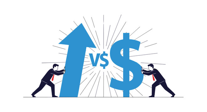 Two businessmen pushing against each other with a large upward arrow and a dollar sign to illustrate growth versus profit.