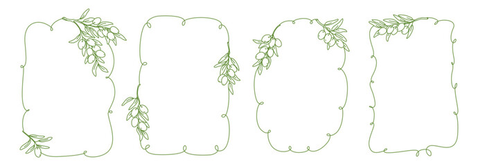 Decorative frame with olive ripe fruit and leaves in doodle line style. Botanical frame templates for menus, invitations, greeting cards, food design, packaging. Linear vector illustration with editab © Olena