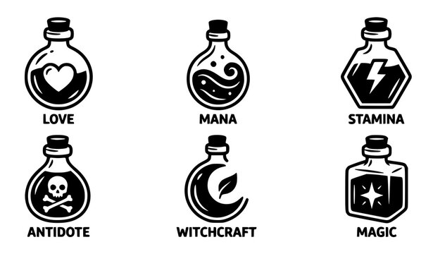 Fantasy potion bottles with magical symbols