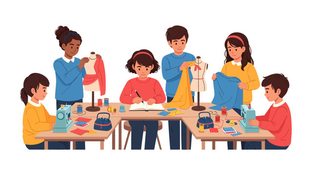 Children's Sewing Class: A group of diverse children engaged in a lively sewing class, learning to create garments with sewing machines and fabric, fostering creativity and practical skills