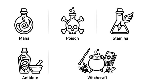 Potion and magic icon set mana poison stamina antidote witchcraft