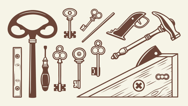 Vector illustration of antique keys and vintage tools collection including skeleton keys hammer plane level