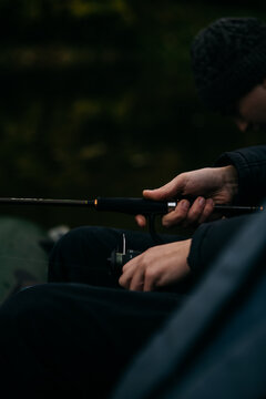 Fisherman Hands Holding Fishing Rod Reel