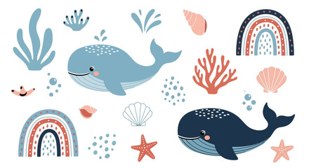Whale, sea creatures, rainbow, ocean icons, cute cartoon set, vector illustrations, blue, pink, white background, aquatic, marine life, kids decoration © Adam